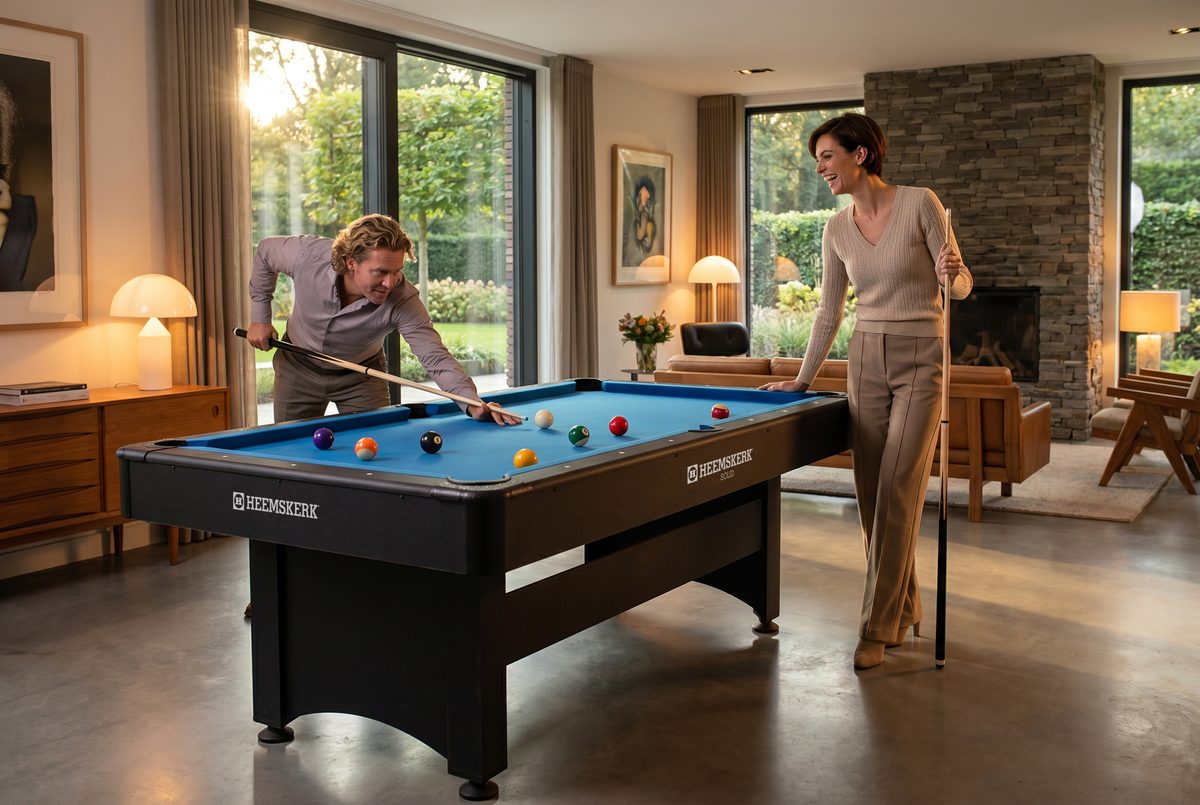 Pooltafel in een woonkamer met grote ramen